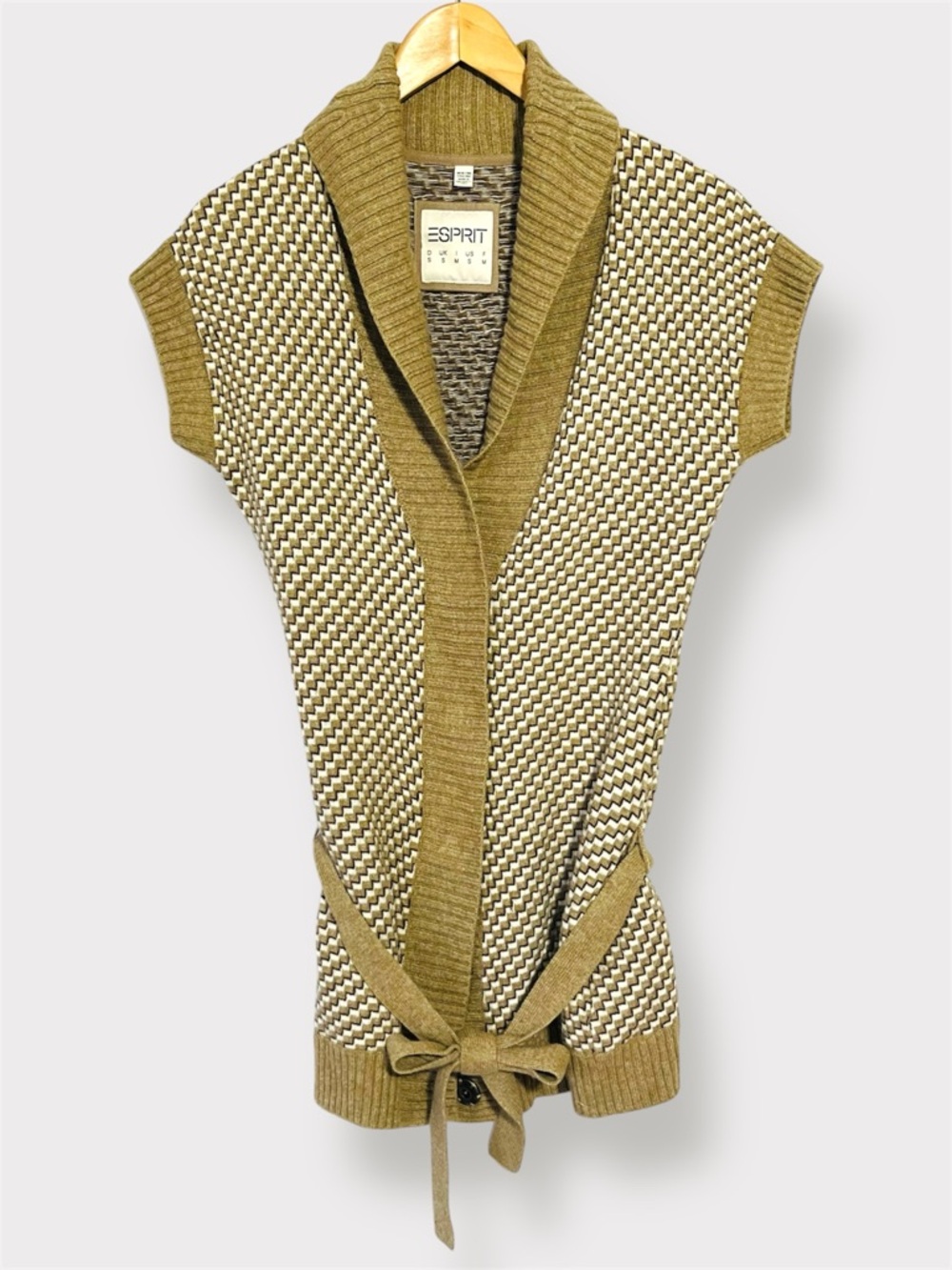 Esprit Y2K Short Sleeve Belted Cardigan Geometric Taupe Cream Black Size S - Picture 4 of 13